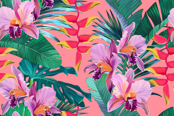 Seamless vector pattern. Tropical pattern. Flowers tropics orchid, plumeria, monstera, palm leaf. Exotic pattern, Hawaiian pattern