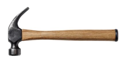 Classic Hammer at Work: This high-angle shot spotlights a classic hammer, a quintessential tool with a wooden handle. The iconic claw hammer is isolated.