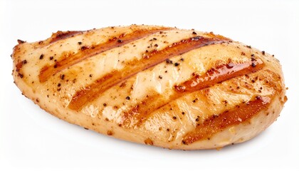 Grilled chicken breast on white background with full depth of field for healthy food or high-protein concept