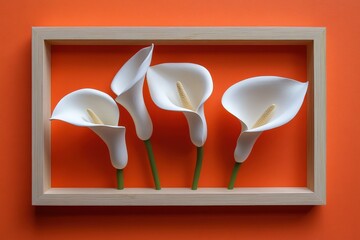 White Calla Lilies in a Wooden Frame Against an Orange Background.