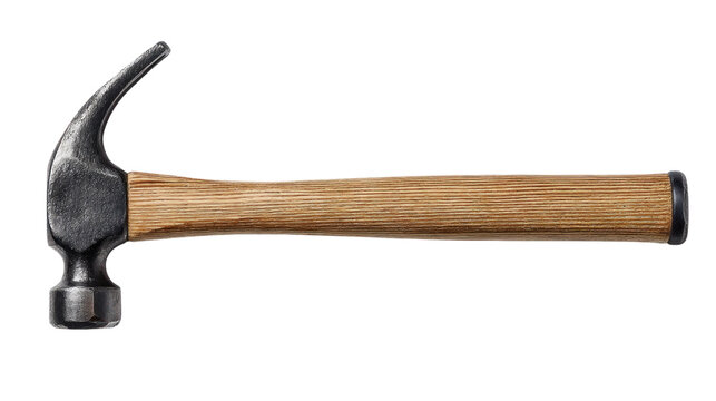 Classic Hammer at Work: This high-angle shot spotlights a classic hammer, a quintessential tool with a wooden handle. The iconic claw hammer is isolated.