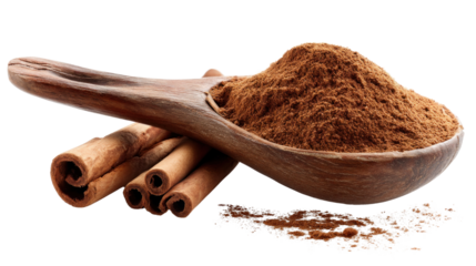 Spice of Life: A rustic wooden spoon cradles a generous heap of cinnamon, accompanied by fragrant cinnamon sticks, showcasing the warm allure of this aromatic spice.