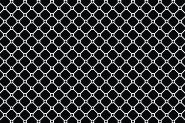 Abstract monochrome geometric pattern with white circles and lines on black. Symmetrical diamond grid, minimalist, repeating design. Clean, modern, and texture-focused vector illustration.