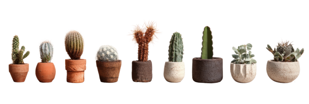 Cacti Collection: A curated display of diverse cacti species in decorative pots, presenting a textured tableau of botanical beauty. 