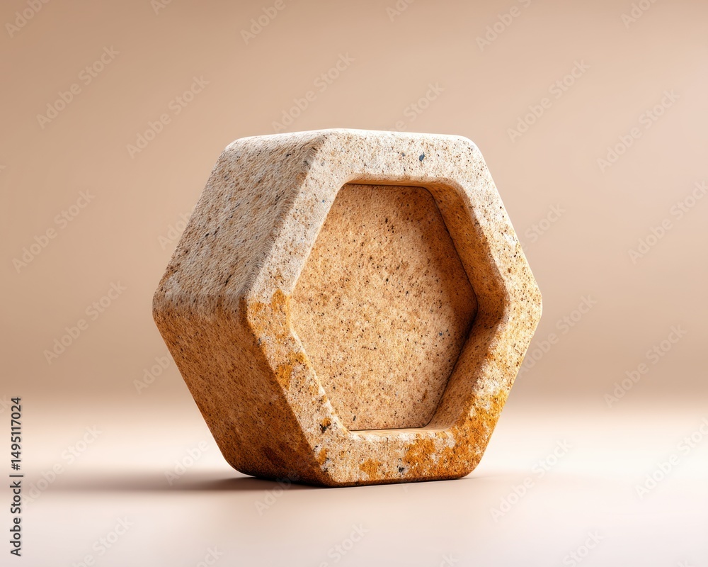 Poster a weathered stone hexagon with a recessed center sits against a soft, neutral background in a studio