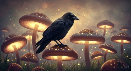 Raven's Perch in a Glowing Mushroom Grove: A Whimsical Fantasy Landscape
