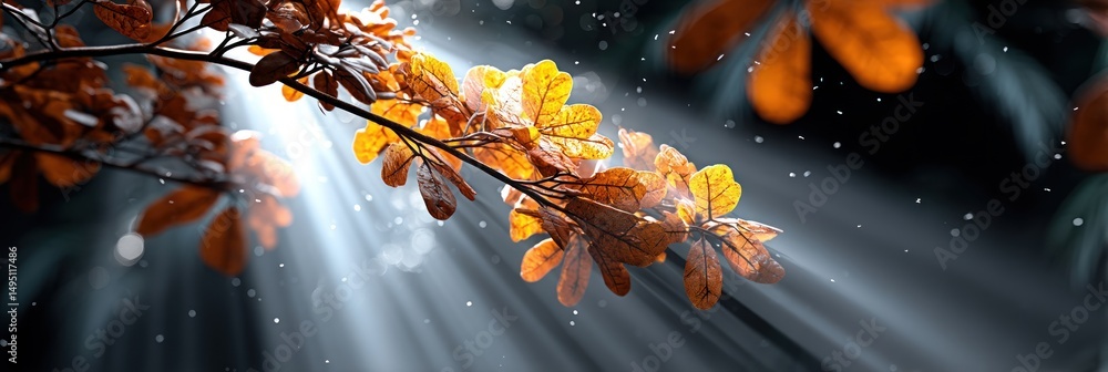 Poster sunlight streams through the yellowed leaves on a branch in a magical and ethereal forest scene.