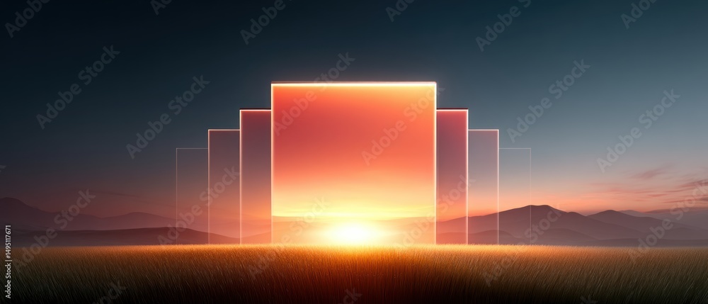 Poster rectangular portals glow in the horizon amidst a serene landscape at dusk, evoking mystery and wonde
