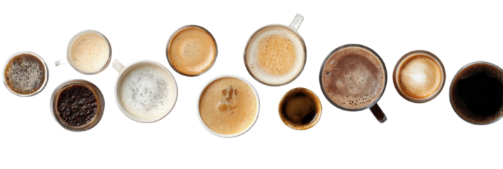 Coffee Variations: A delightful array of coffee beverages showcases diverse brewing methods and milk choices, each cup telling a story of flavor and aroma.