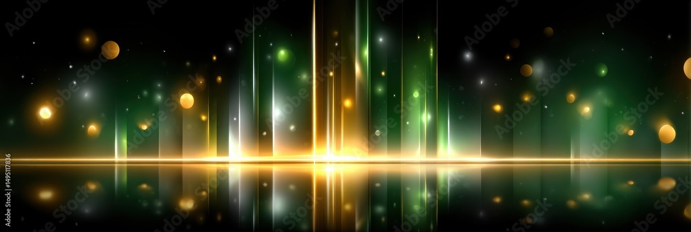 Poster abstract green gold light rays background with glowing particles and reflections