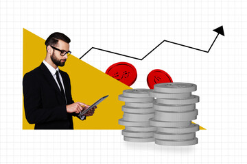 Composite image montage trend artwork 3D collage of businessman hold tablet graphics trader money...