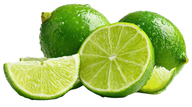 Lime Slices: Freshly cut lime slices with dewy skin, ready to be squeezed for refreshing juice or to add a tangy zest to a recipe.