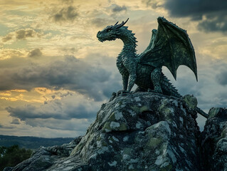 Fototapeta premium Majestic dragon sculpture perched on rocky outcrop against a dramatic sunset sky in a fantasy-themed landscape