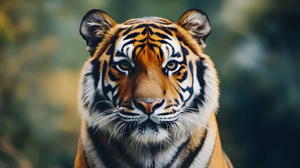 Majestic tiger gazing directly at the viewer amidst blurred forest backdrop symbolizing strength and nature's beauty