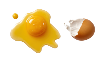 Broken Egg: A macro view of a broken egg with the vibrant yellow yolk spilling out beside the cracked shell, emphasizing the delicate nature of food and fragility. 