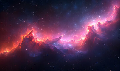 Obraz premium A cosmic expanse of vibrant nebulae glowing in hues of orange, pink, and purple against a starry backdrop