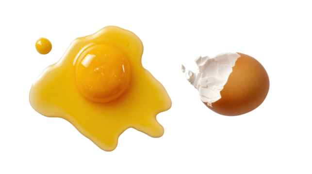 Broken Egg: A macro view of a broken egg with the vibrant yellow yolk spilling out beside the cracked shell, emphasizing the delicate nature of food and fragility. 
