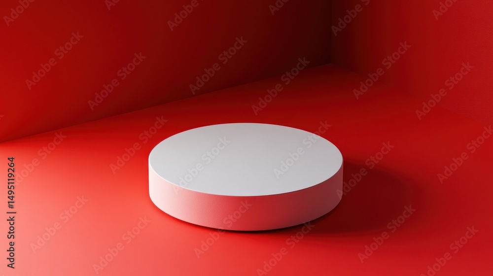 Poster empty white circular podium on a red backdrop.