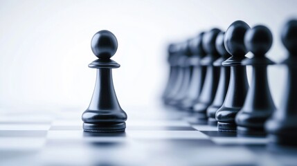 A black chess pawn standing out from a row of black pawns on a chessboard.
