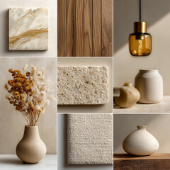 material board collection of tactile and elegant materials for the interior of a luxury spa, including creamy marble with subtle golden veining, crudo-toned textured wall finishes, natural oak wood 