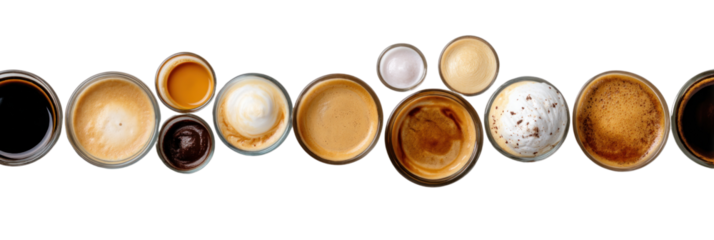 Coffee Assortment: A visually appealing collection of various coffee drinks, showcasing a diverse array of textures, colors, and tastes, perfect for a coffee aficionado or cafe's promotional material.