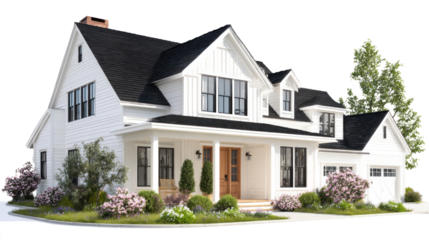 Dream Home: A modern farmhouse with crisp white siding and a welcoming front porch, surrounded by lush landscaping. This image evokes feelings of tranquility and aspiration.