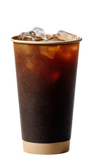 Cool refreshment: An inviting close-up of a cold brew coffee, showcasing the rich, dark liquid, transparent ice cubes, and the paper cup's design, a perfect image for a cafe or food product promotion.