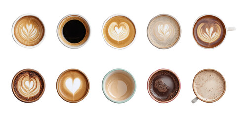 Coffee Artistry: An overhead shot reveals a gallery of artful coffee creations, from delicate latte patterns to the rich simplicity of black coffee.