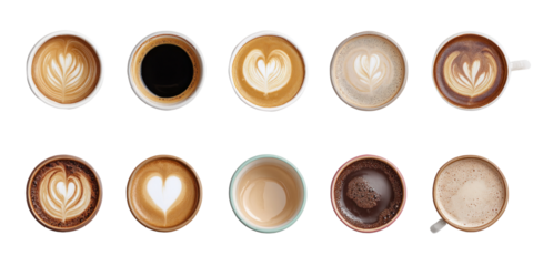 Coffee Artistry: An overhead shot reveals a gallery of artful coffee creations, from delicate latte patterns to the rich simplicity of black coffee.