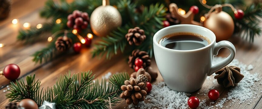 Gem&uuml;tliches Weihnachtsstillleben mit einer Tasse Kaffee, Tannenzweigen, Lichtern, Kugeln und Zimt auf Holz &ndash; perfekt f&uuml;r festliche Stimmung.