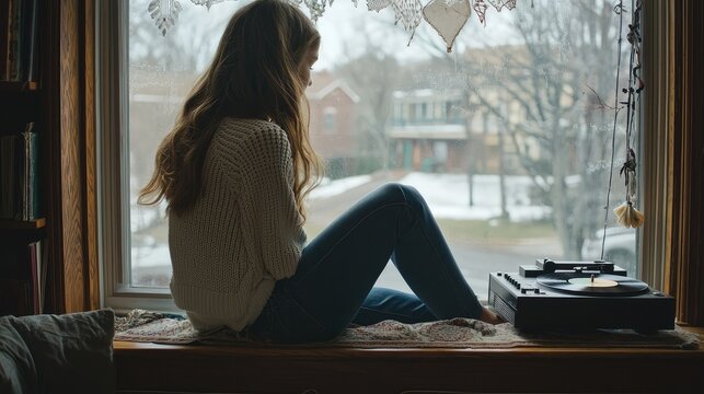 teenage girl sitting on the windowsill, gazing outside while the sound of vinyl music drifts from her record player.