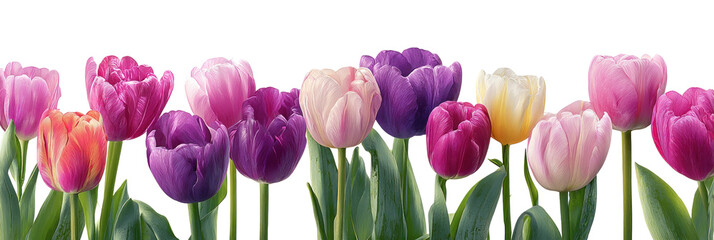 Fototapeta premium Tulip Blossoms: A vibrant and colorful array of tulips, their petals a symphony of pink, purple, and white, bloom against a natural backdrop, heralding the arrival of spring in all its glory.