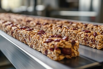 Rows of granola bars with cranberries sit on a conveyor belt. Use for healthy snack, breakfast, or food product marketing.