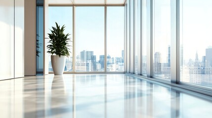 Fototapeta premium A modern, minimalist office space with large windows, a clean and polished floor, and a potted plant in the foreground.