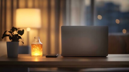 A cozy workspace featuring a laptop, a glowing jar candle, and a plant, perfect for productivity and relaxation at home.