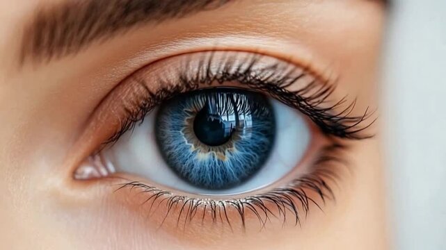 Close-up of a Blue Eye: Captivating detail of a vibrant blue eye, showcasing intricate iris patterns and long dark lashes.  The image evokes a sense of depth and mystery. 