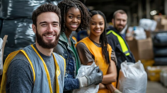 A group of smiling volunteers standing in a warehouse, wearing reflective vests and gloves, with bags of donated items.