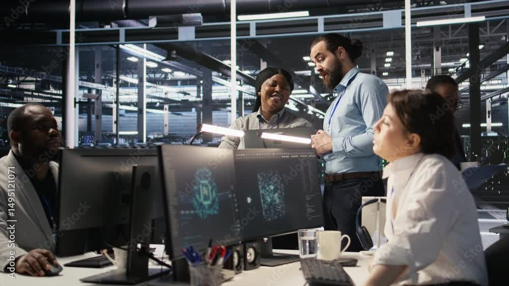Poster data center engineering team colleagues collaborating on blade servers maintenance to ensure continu