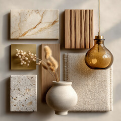 material board collection of tactile and elegant materials for the interior of a luxury spa, including creamy marble with subtle golden veining, crudo-toned textured wall finishes, natural oak wood 