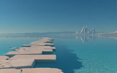 3D Rendered Minimalist Futuristic City Skyline with Light Blue Road and Water Reflections, Digital Art Perspective Design