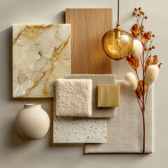 material board collection of tactile and elegant materials for the interior of a luxury spa, including creamy marble with subtle golden veining, crudo-toned textured wall finishes, natural oak wood 
