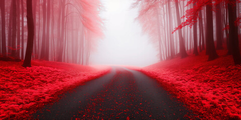 Mystical pathway through the red forest lined with towering trees and foggy atmosphere