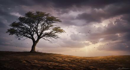 Fototapeta premium Lonely Tree Under Dramatic Sky: A solitary tree stands proudly against a dramatic, cloud-filled sky. The scene evokes a sense of resilience and natural beauty. 