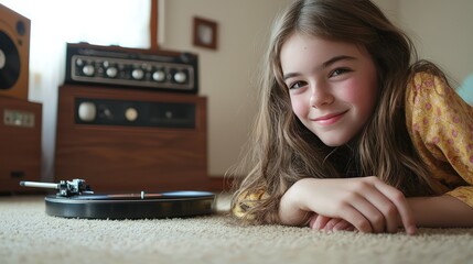 teenage girl with a contented expression, lying on the floor, enjoying the smooth sound of vinyl as the turntable spins.