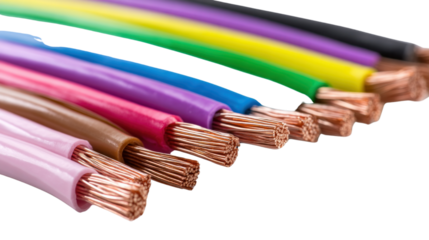 Colorful Electrical Cables: An eye-level shot of colorful electrical cables showcases the vibrant hues of the insulated wires. The stripped ends expose the copper core.