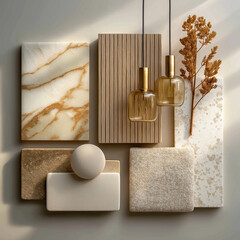 material board collection of tactile and elegant materials for the interior of a luxury spa, including creamy marble with subtle golden veining, crudo-toned textured wall finishes, natural oak wood 