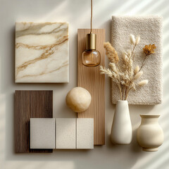 material board collection of tactile and elegant materials for the interior of a luxury spa, including creamy marble with subtle golden veining, crudo-toned textured wall finishes, natural oak wood 