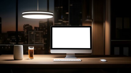 Fototapeta premium A modern workspace featuring a computer, a glass of drink, and a stylish lamp, perfect for remote work or creative projects.