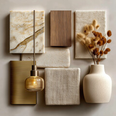 material board collection of tactile and elegant materials for the interior of a luxury spa, including creamy marble with subtle golden veining, crudo-toned textured wall finishes, natural oak wood 
