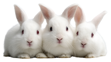 Three White Rabbits in a Row: A trio of pristine white rabbits, with endearing eyes and perky ears, are poised in a row, their gentle demeanor radiating innocence and charm. 